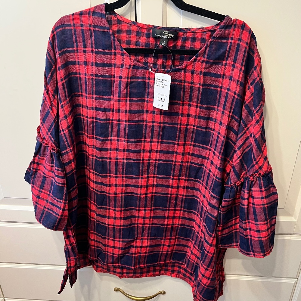 SUZANNE BETRO Women’s Red & Navy Plaid Bell-Sleeve Tunic Top (3X) NEW w/TAGS!